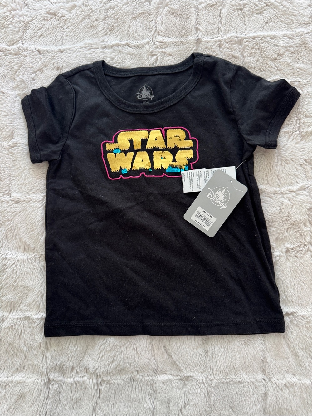 Disney Black Short Sleeve Star Wars Tee with Yellow and Pink Logo